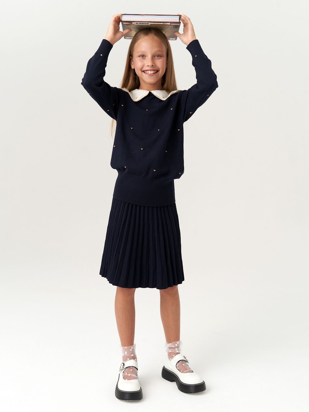 Джемпер для девочки с длинным рукавом AT977-1 синий-золотистый