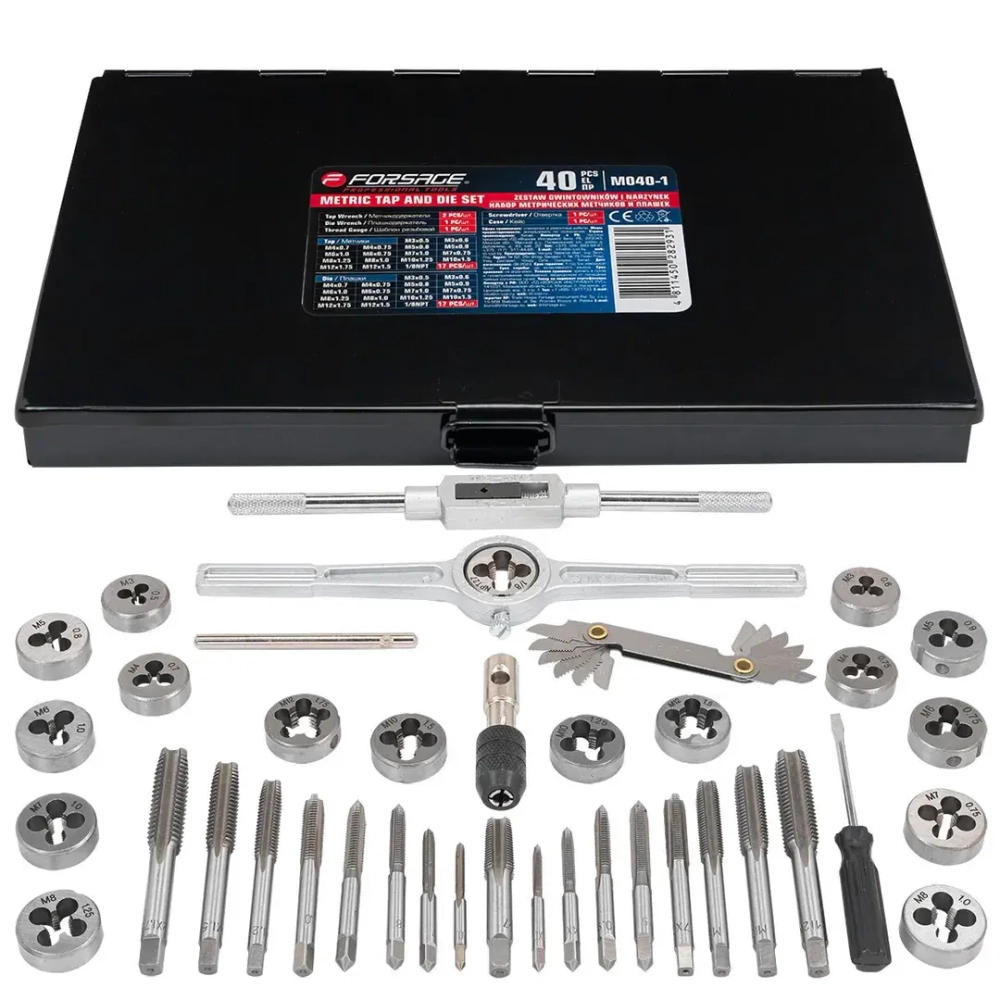 Набор метчиков и плашек метрич. 40пр(М3х0.5/0.6, М4х0.7/0.75, М5х0.8/0.9, М6х0.75/1, М7х0.75/1,М8х1/1.25, М10х1.25/1.5, М12х1.5/1.75)в метал. кейсе Forsage F-M040-1