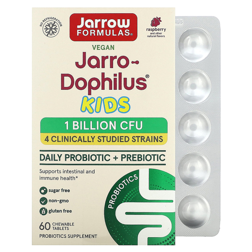 Jarrow Formulas, Vegan Jarro-Dophilus® Kids, пробиотики и пребиотики для ежедневного приема, со вкусом малины, 60 жевательных таблеток (0,5 млрд КОЕ в 1 капсуле)