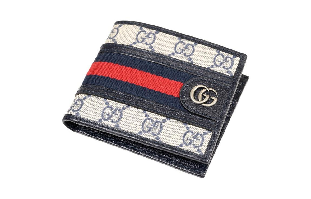 GUCCI Ophidia Canvas With Leather Card Holder Wallet Men"s Blue/Beige