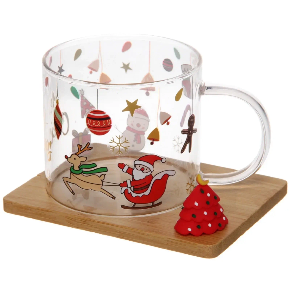 Кружка стеклянная 280мл «Новогодние чудеса» на бамбуковой подставке, цвета и рисунки микс