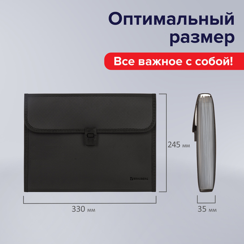 Папка для бумаг и документов с замком и 13 отделениями BRAUBERG "HIT" А4 пластик черная (3 штуки в упаковке)