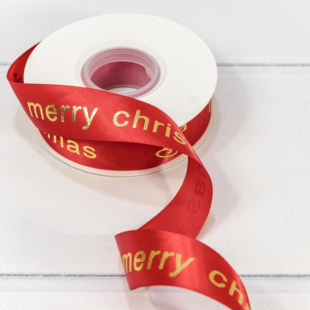 Лента 2.5 см х 23 м "Merry Christmas" Атласная (Красный)