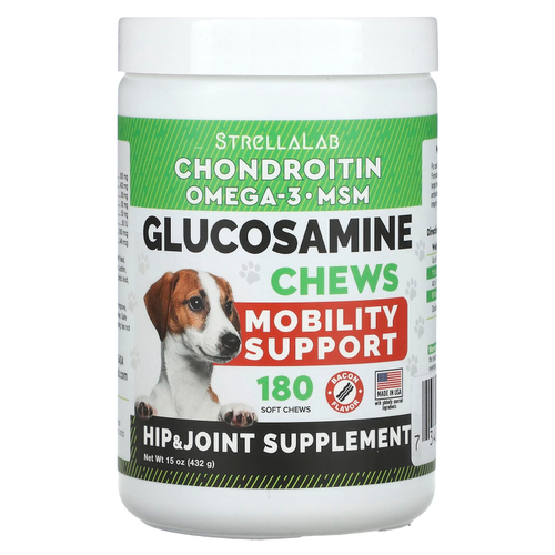 StrellaLab, жевательная глюкозаминовая добавка, для собак и кошек, со вкусом бекона, 180 жевательных таблеток, 432 г (15 унций)