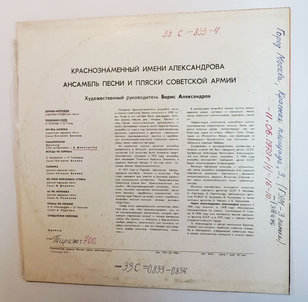 Винтажная виниловая пластинка LP Краснознаменный Имени Александрова Ансамбль Песни И Пляски Советской Армии (Во Поле Березонька Стояла) (СССР)