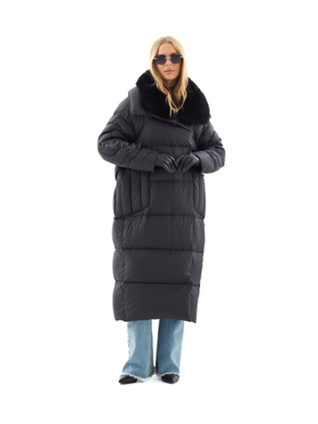 Длинный черный пуховик с мехом песца