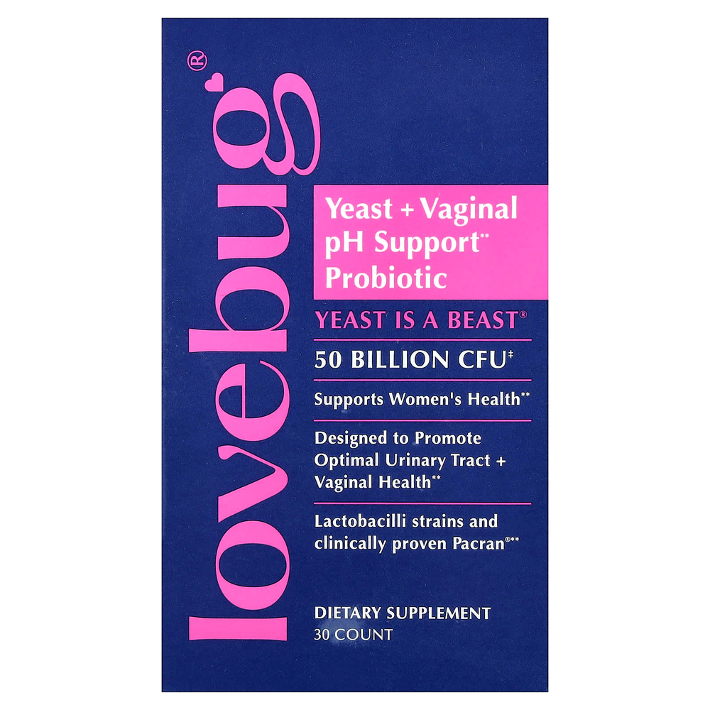 LoveBug Probiotics, дрожжи и пробиотик для поддержки уровня pH влагалища, 50 млрд КОЕ, 30 капсул