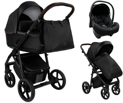 Детская коляска Roan Esso Кожа 3 в 1 с автокреслом Tutis Elo Lux EduSky Black ESSK/210/1 Black /Black/руч.Тем.коричневый