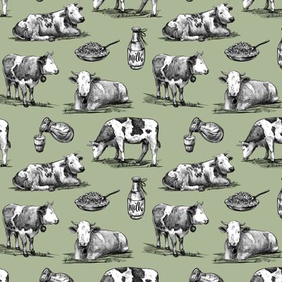 Коровы, молоко и творог на травяном оливковом фоне. Графика