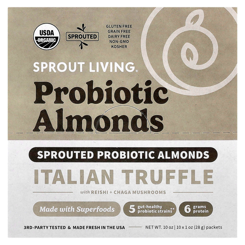 Sprout Living, Пробиотический миндаль, итальянский трюфель с рейши и грибами чага, 10 пакетиков по 28 г (1 унция)
