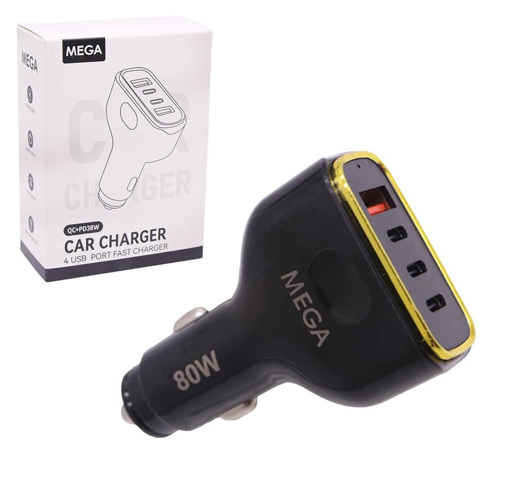 Автомобильный адаптер питания MEGA CM01 1A+3C 80W (черный)