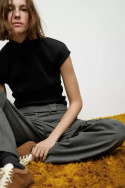 ZARA ТОП В РУБЧИК С ВОРОТНИКОМ-СТОЙКОЙ, ЧЕРНЫЙ