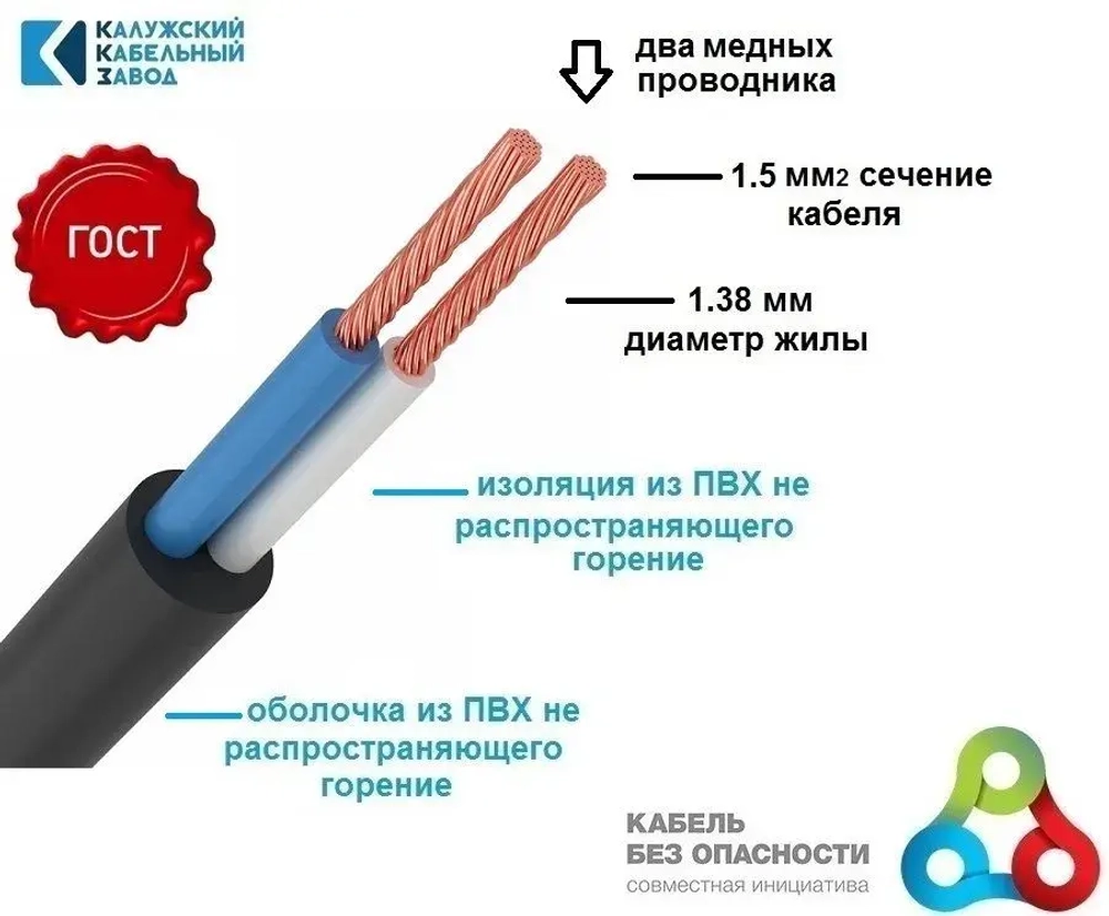 Провод ПВС 2х1.5 ГОСТ ЧЕРНЫЙ 10 метров Калужский кабельный завод