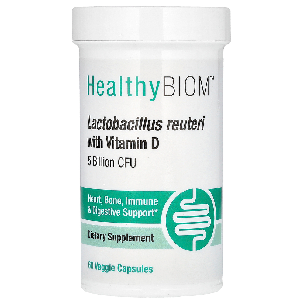 HealthyBiom, Lactobacillus Reuteri LRC с витамином D, 5 млрд КОЕ, 60 растительных капсул