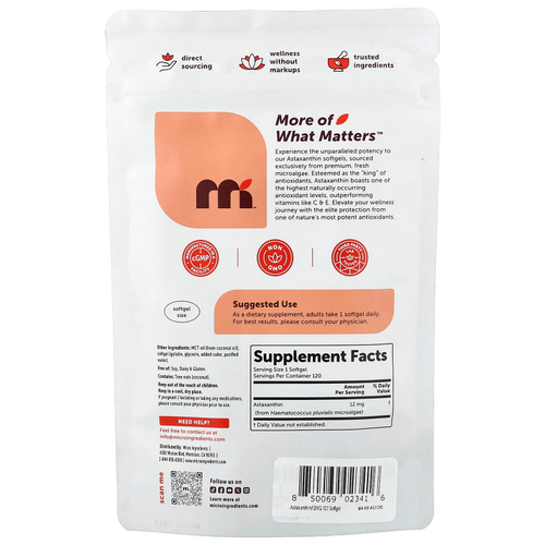 Micro Ingredients, Астаксантин, 12 мг, 120 мягких таблеток