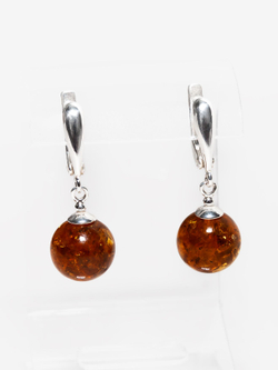 Серьги цельным коньячным янтарем 10 мм. Натуральный камень серьги