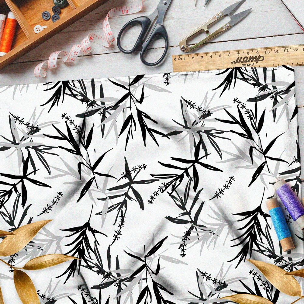 Ткань кулирная гладь тонкая китайская листва на белом фоне