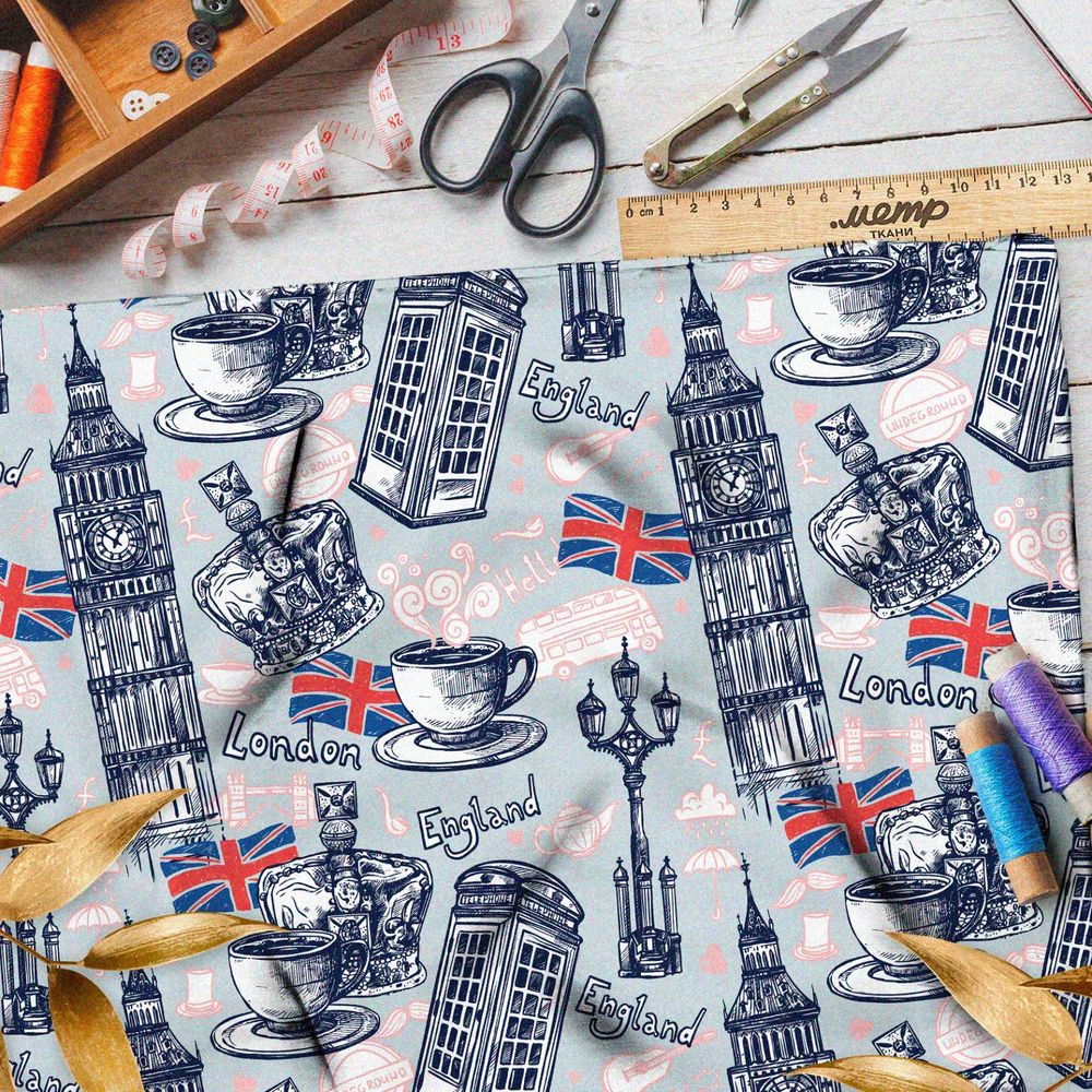 Ткань габардин корона, чай, биг-бен и великобританский флаг
