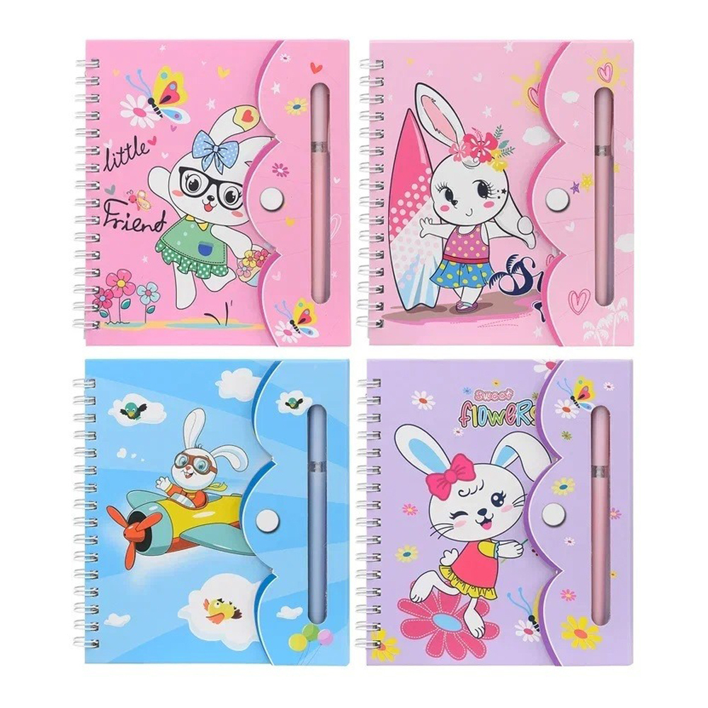 Блокнот детский Basir, с ручкой, на липучке, формат А6, серия "Зайчики", переплет 7БЦ, 15*13 см, 48 листов, ассорти