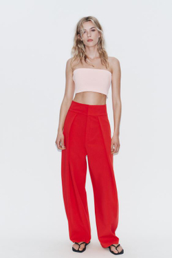 ZARA БРЮКИ BALLOON С ЗАЩИПАМИ, КРАСНЫЙ