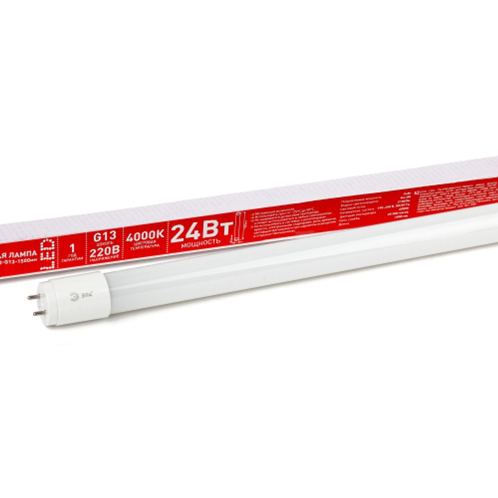 Лампа светодиодная ЭРА RED LINE ECO LED T8-24W-840-G13-1500mm G13 24Вт трубка стекло нейтральный белый свет | Лампы cветодиодные Линейные  (T8)