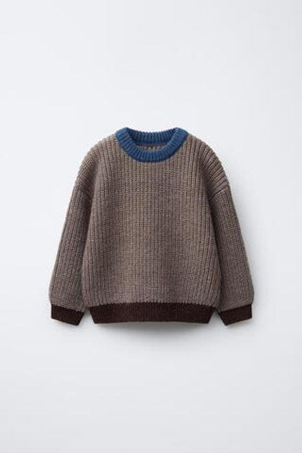 ZARA СВИТЕР КРУПНОЙ ВЯЗКИ С КОНТРАСТНОЙ ОТДЕЛКОЙ, КОРИЧНЕВЫЙ