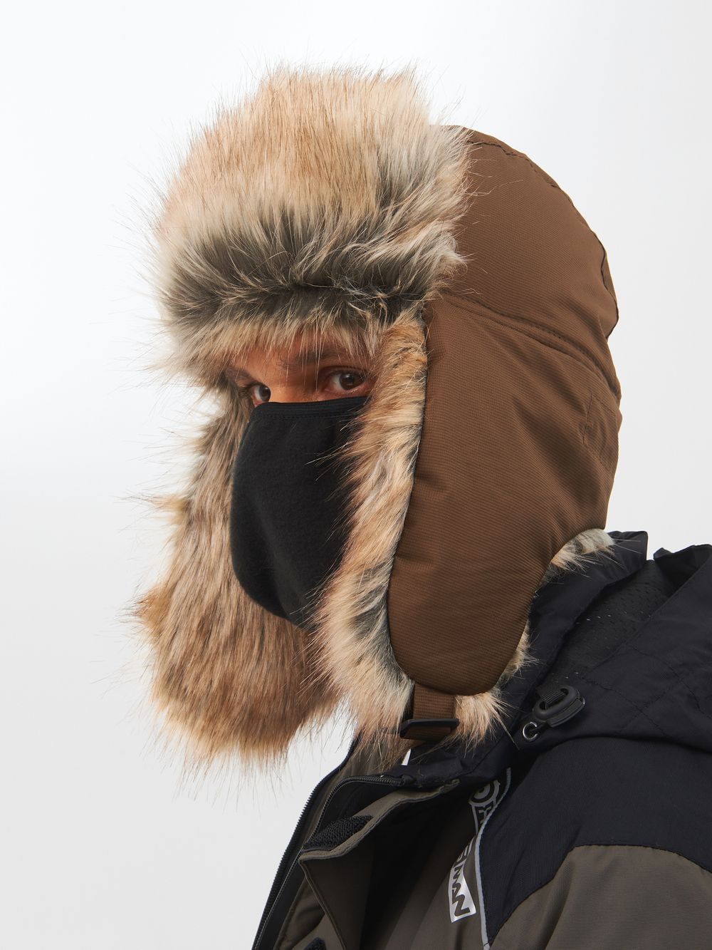 Шапка ушанка с маской Евро Енот ткань Taslan цвет Коричневый