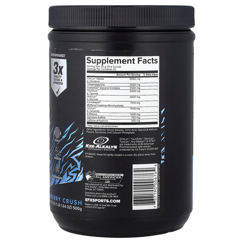 EFX Sports, предтренировочный комплекс K-otic®, со вкусом голубики, 500 г (1 фунт, 1,64 унции)