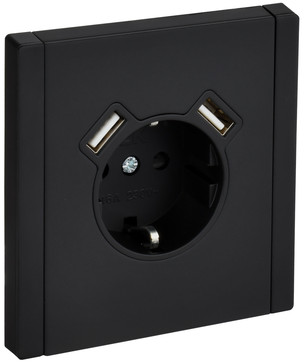 FORTE&PIANO Розетка 1-местная с заземлением с защитными шторками винтовое крепление 16А USB A+A 3,1А FP145M металл черный IEK