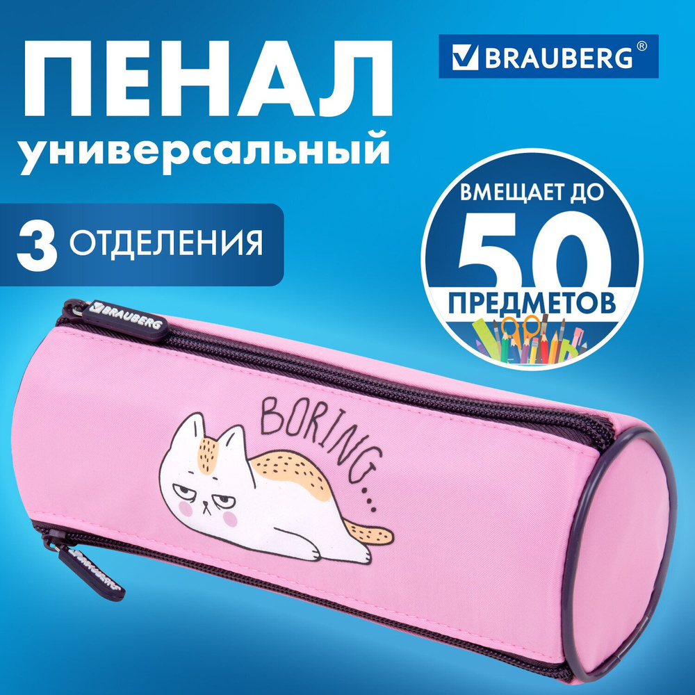 Пенал BRAUBERG 3 отделения нейлон 21х7х7 см "Lazy cat" (2 штуки в упаковке)
