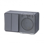 ATLASDESIGN PROFI IP54 О/У БЛОК: РОЗЕТКА с заземл. со шт., 16А, ВЫКЛЮЧАТЕЛЬ 2-клав., 10АХ, АНТРАЦИТ