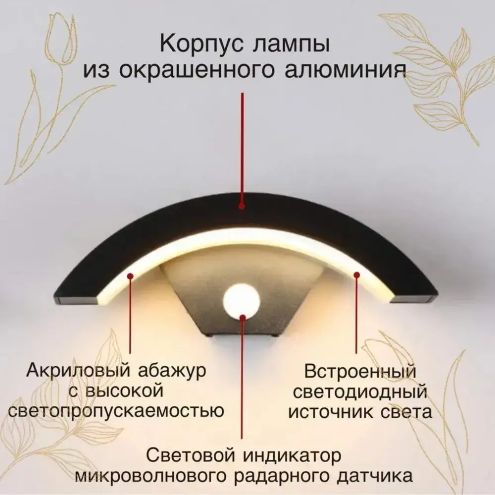 Светильник настенный светодиодный, бра, уличный фонарь с датчиком движения, влагозащищенный IP65,18 Вт, черный 4000K