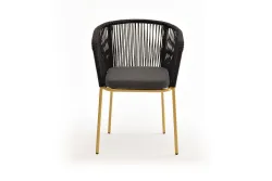 "Марсель" стул плетеный из роупа, каркас из стали золотой глянец, роуп темно-серый круглый, ткань серая