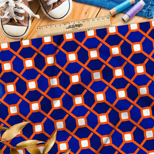 Ткань шелк Армани синий графичный узор с оранжевыми полосами