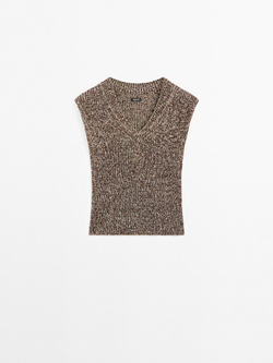 Massimo Dutti Топ из хлопка мулине с V-образным вырезом, коричневый