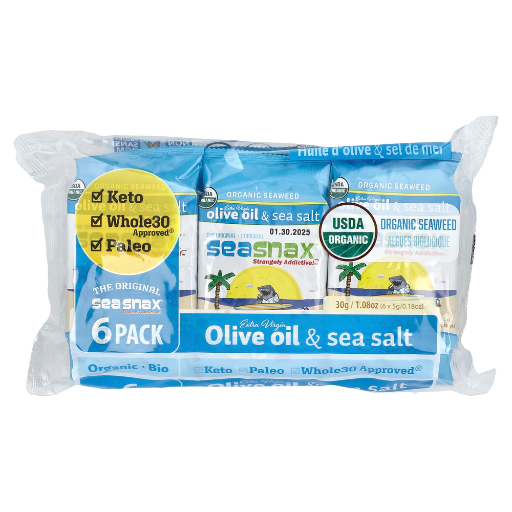 SeaSnax, Органические водоросли, оливковое масло высшего качества и морская соль, 6 пакетиков по 5 г (0,18 унции)