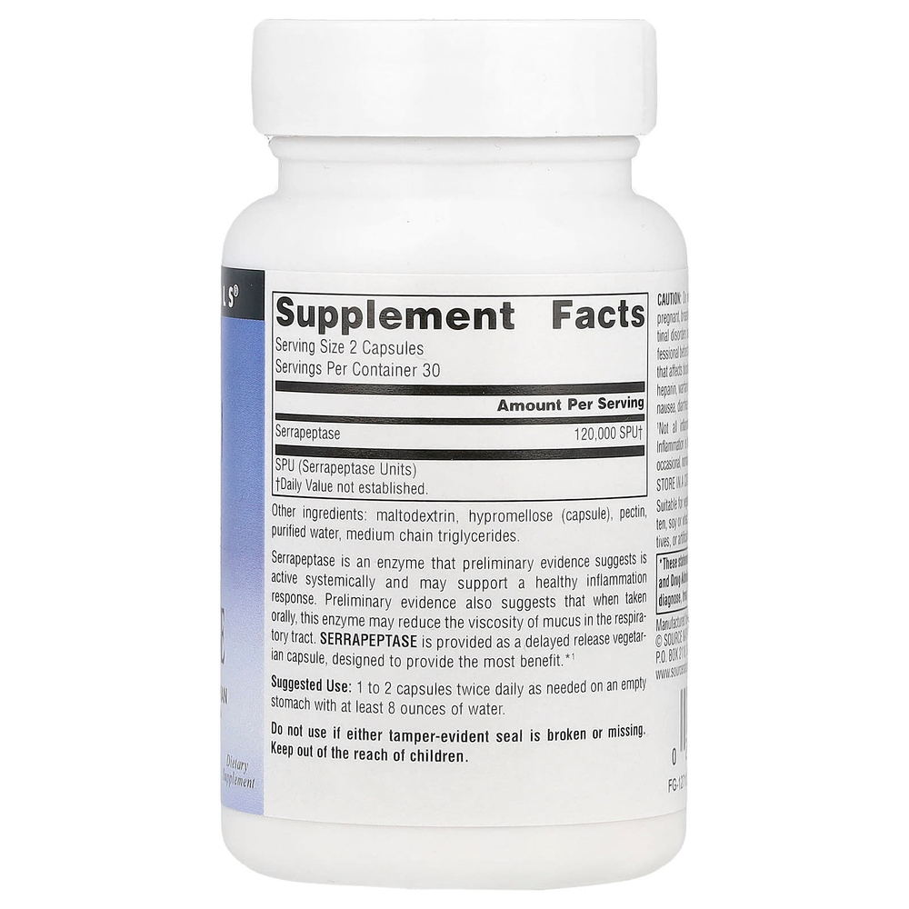 Source Naturals, Серрапептаза, 60 капсул (60 000 SPU в 1 капсуле)