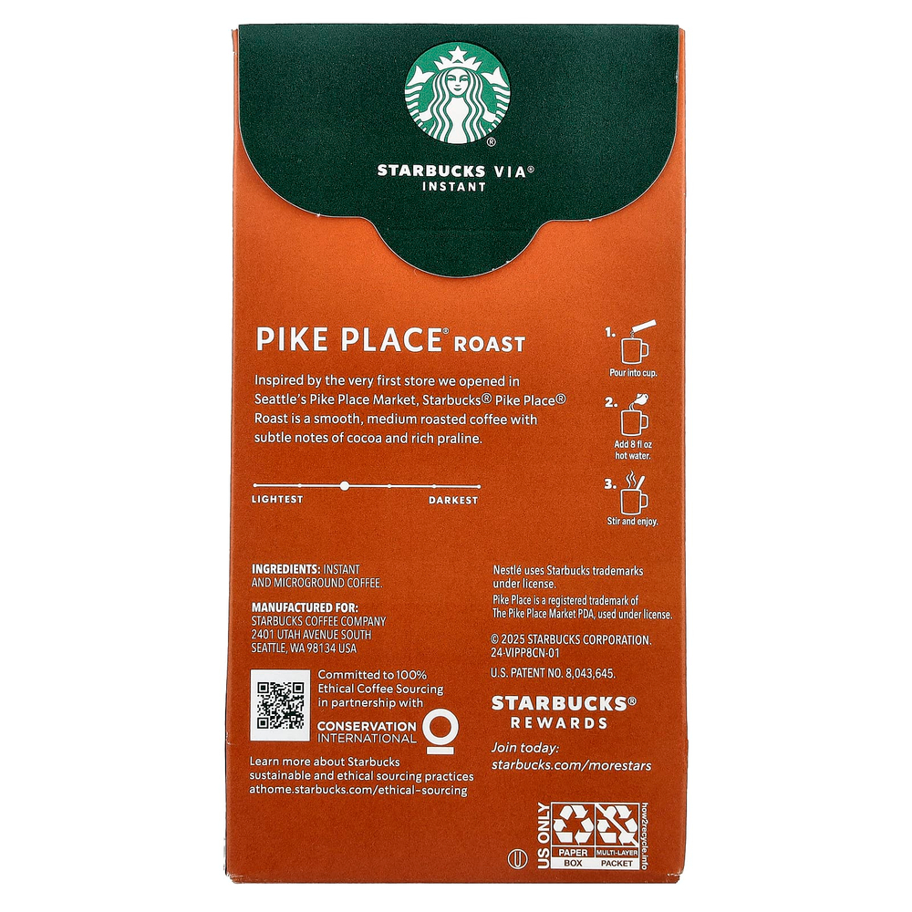 Starbucks, VIA®, растворимый кофе Pike Place®, обжарка, средняя обжарка, 8 пакетиков по 3,3 г (0,11 унции)