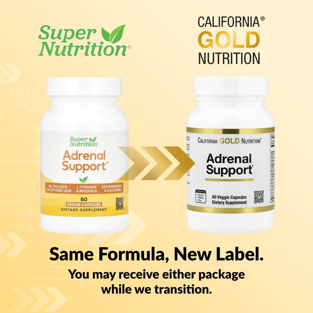 California Gold Nutrition, добавка для поддержки надпочечников, с L-тирозином, экстрактами родиолы, ашваганды и элеутерококка, 60 вегетарианских капсул