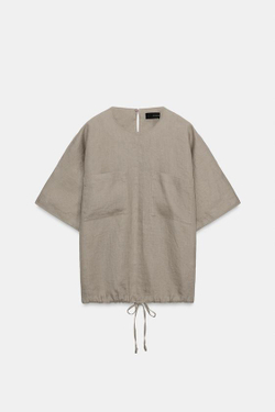 ZARA ТОП ИЗ 100% ЛЬНА НА ШНУРКАХ — ZW COLLECTION, СЕРОВАТО-КОРИЧНЕВЫЙ