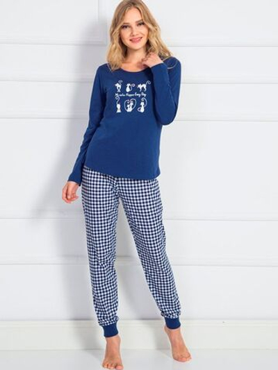Женский домашний комплект с брюками в клеточку (Размер: M) (Цвет: темно-синий)