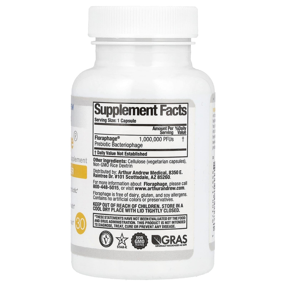 Arthur Andrew Medical, Floraphage, мультипликатор пробиотиков, 30 капсул