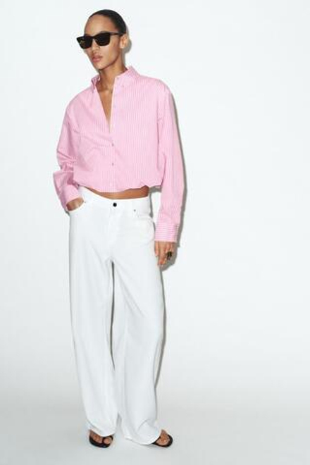 ZARA РУБАШКА ИЗ ПОПЛИНА В ПОЛОСКУ С РУКАВАМИ-БУФФ, РОЗОВЫЙ/БЕЛЫЙ