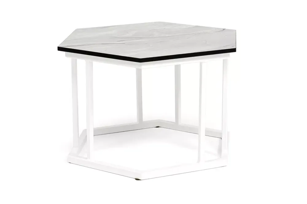 "Женева" интерьерный стол из HPL шестиугольный, D50, H35, цвет "мрамор пепел", каркас из стали белый муар