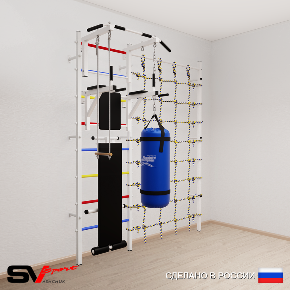 Шведская стенка Sv Sport усиленная 68310 (Турник стандарт/Брусья/Скамья/Трапеция/Цепь/Мешок 15кг/Канатный лаз)