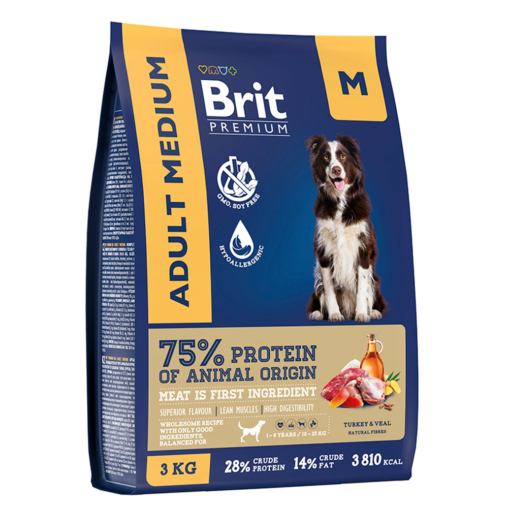 Сухой корм Brit Premium Dog Adult Medium индейка и телятина 3кг,для собак сред.пород 04.25