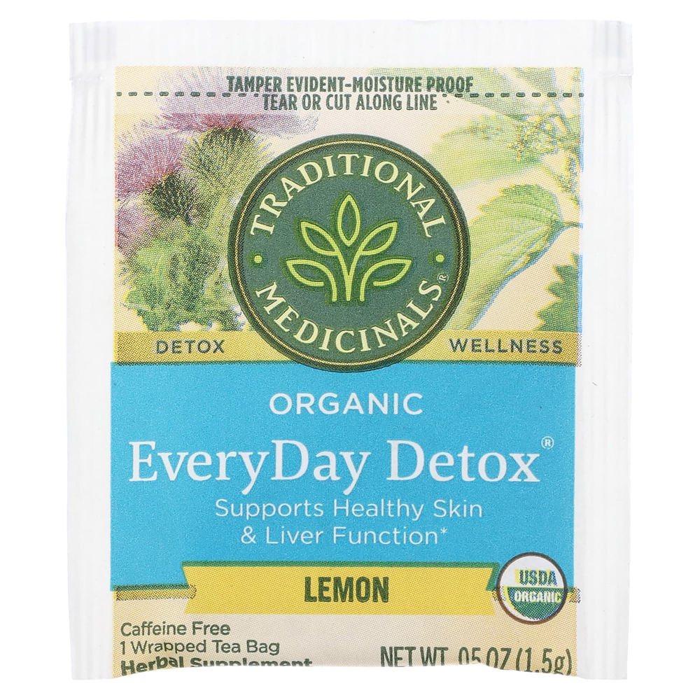 Traditional Medicinals, Organic EveryDay Detox®, со вкусом лимона, без кофеина, 16 упакованных чайных пакетиков, 24 г (0,85 унции)