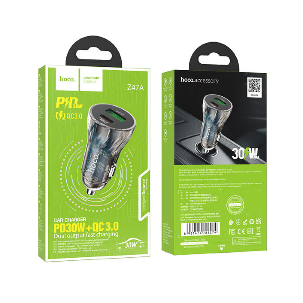 Z47A Transparent Discovery Edition dual port PD30W+QC3.0 car charger