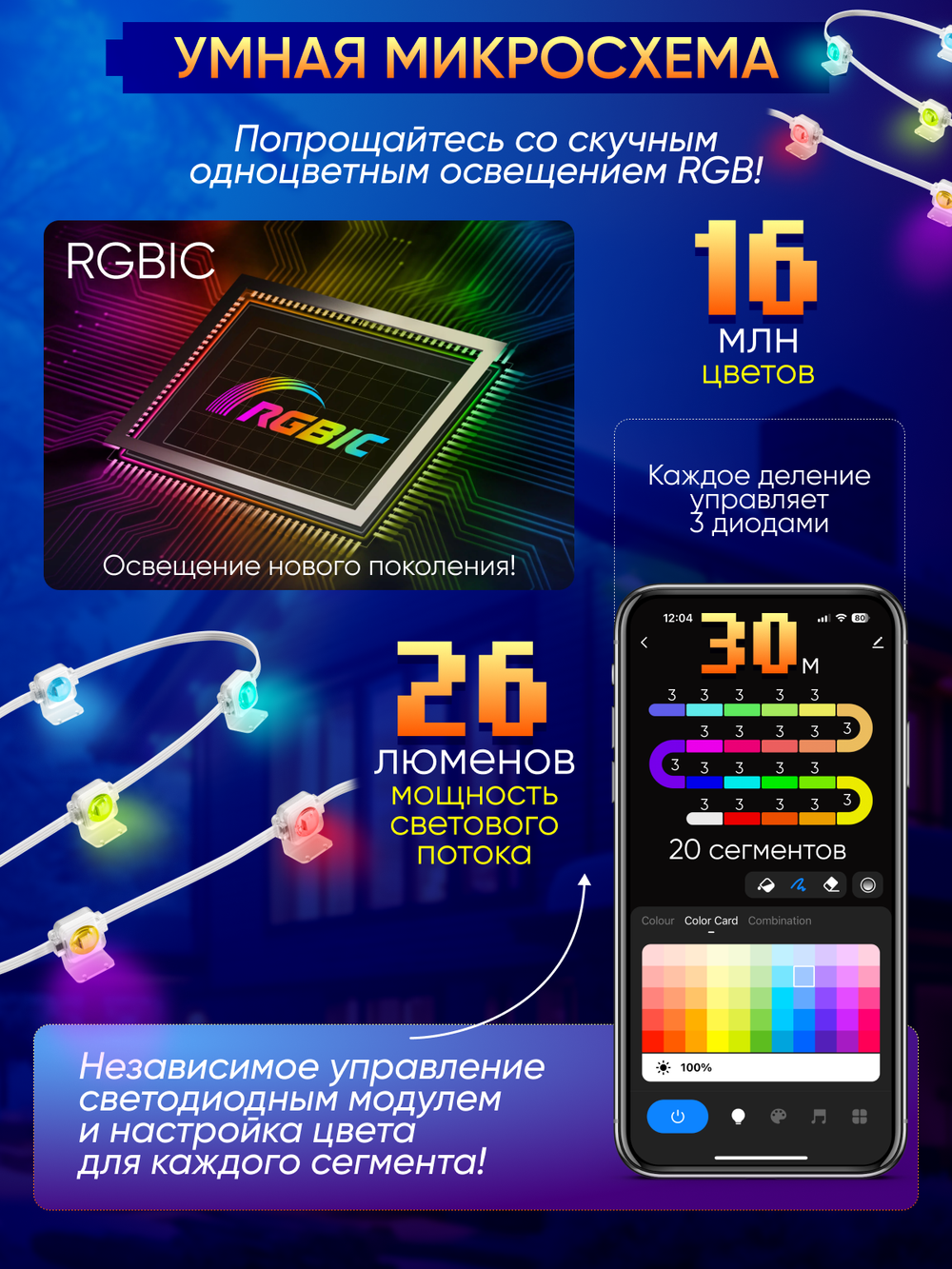 Умная уличная гирлянда Пиксель, сегментное управление диодами, 30м (белый кабель)