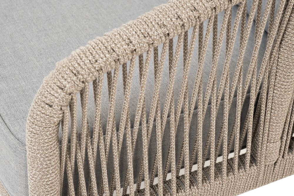 "Канны" диван 2-местный плетеный из роупа, каркас алюминий светло-серый (RAL7035) муар, роуп серый меланж круглый, ткань светло-серая